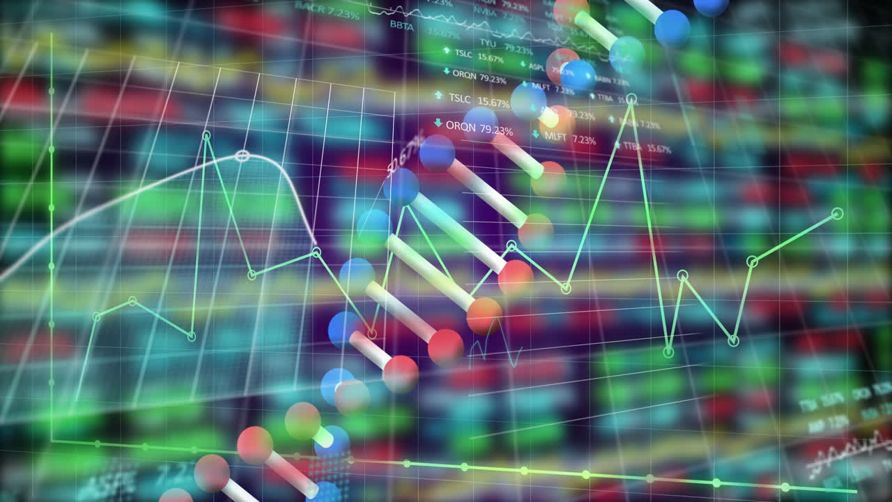 Processing financial data, colorful graphs and charts animating on screen