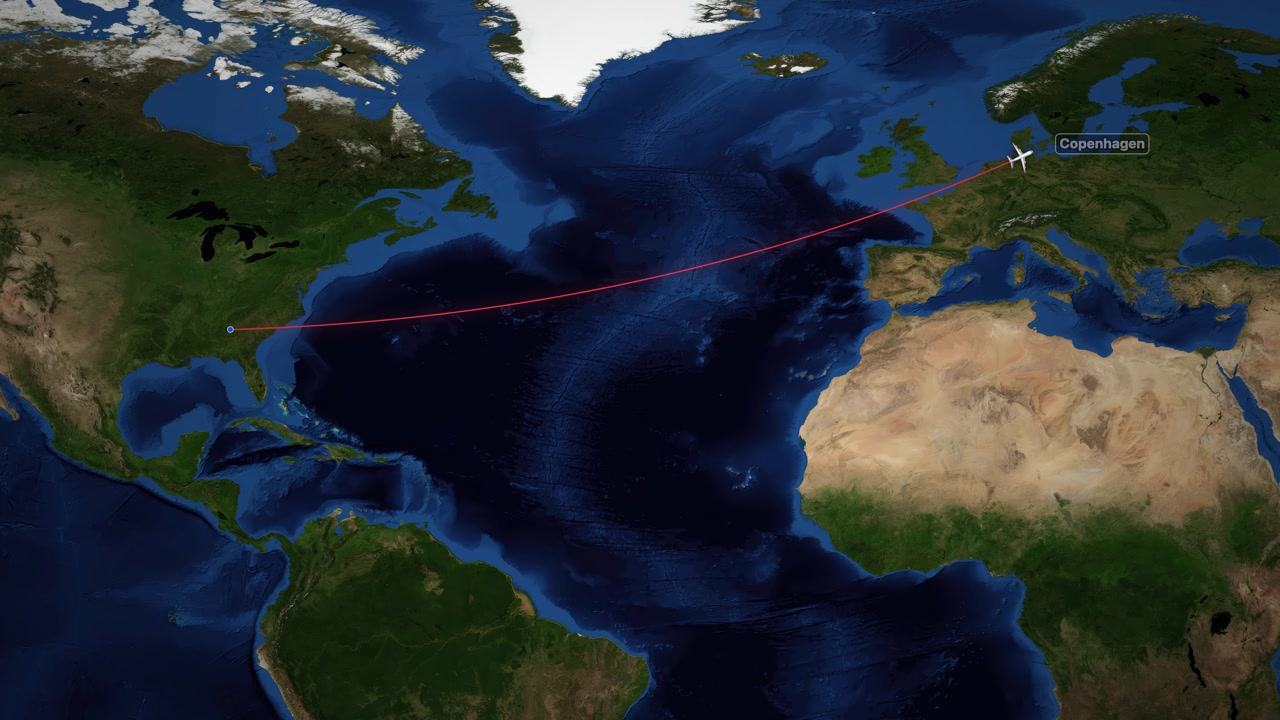 Airplane icon travels from Atlanta to Copenhagen along a red line on satellite map