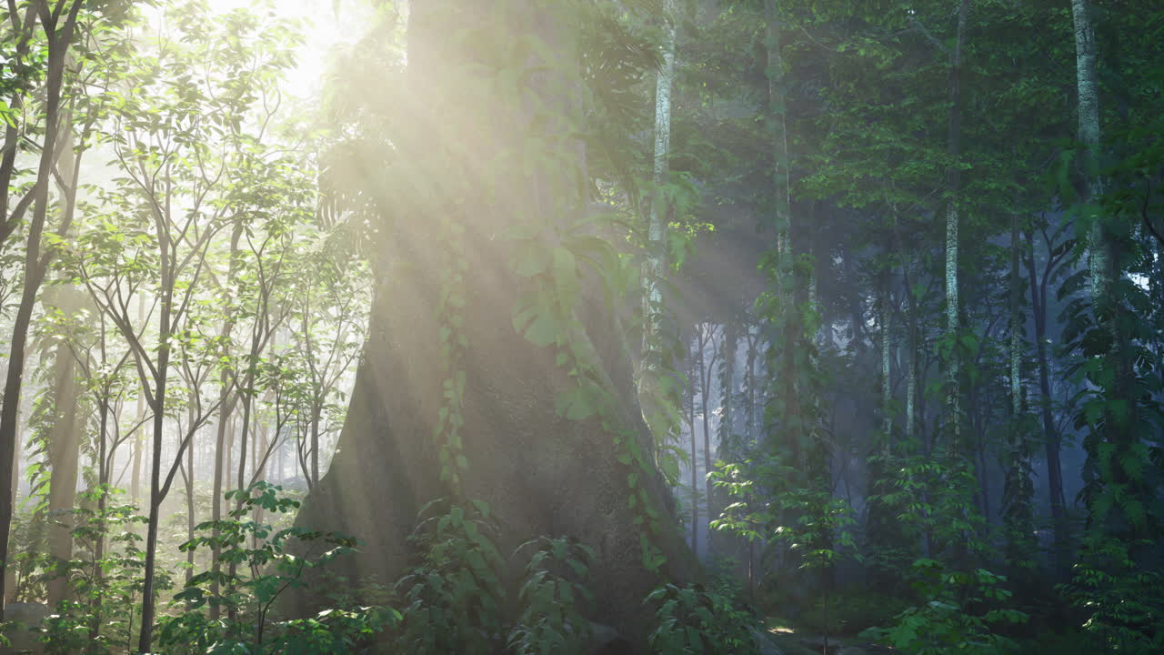 빛이 안개 숲을 가로질러 흐른다