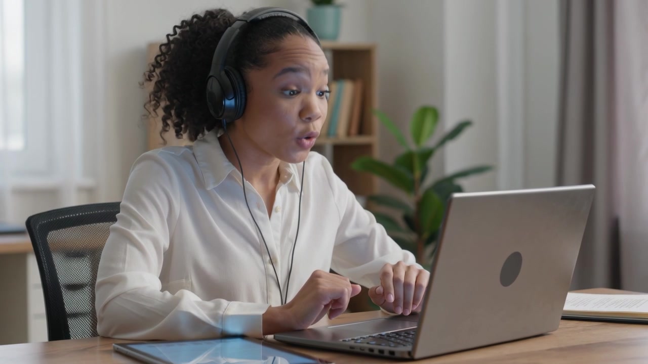Kvinde, der skriver, iført hvid bluse og kablet headset, deltager i et opkald, der starter hjemmefra, og bruger en bærbar computer.