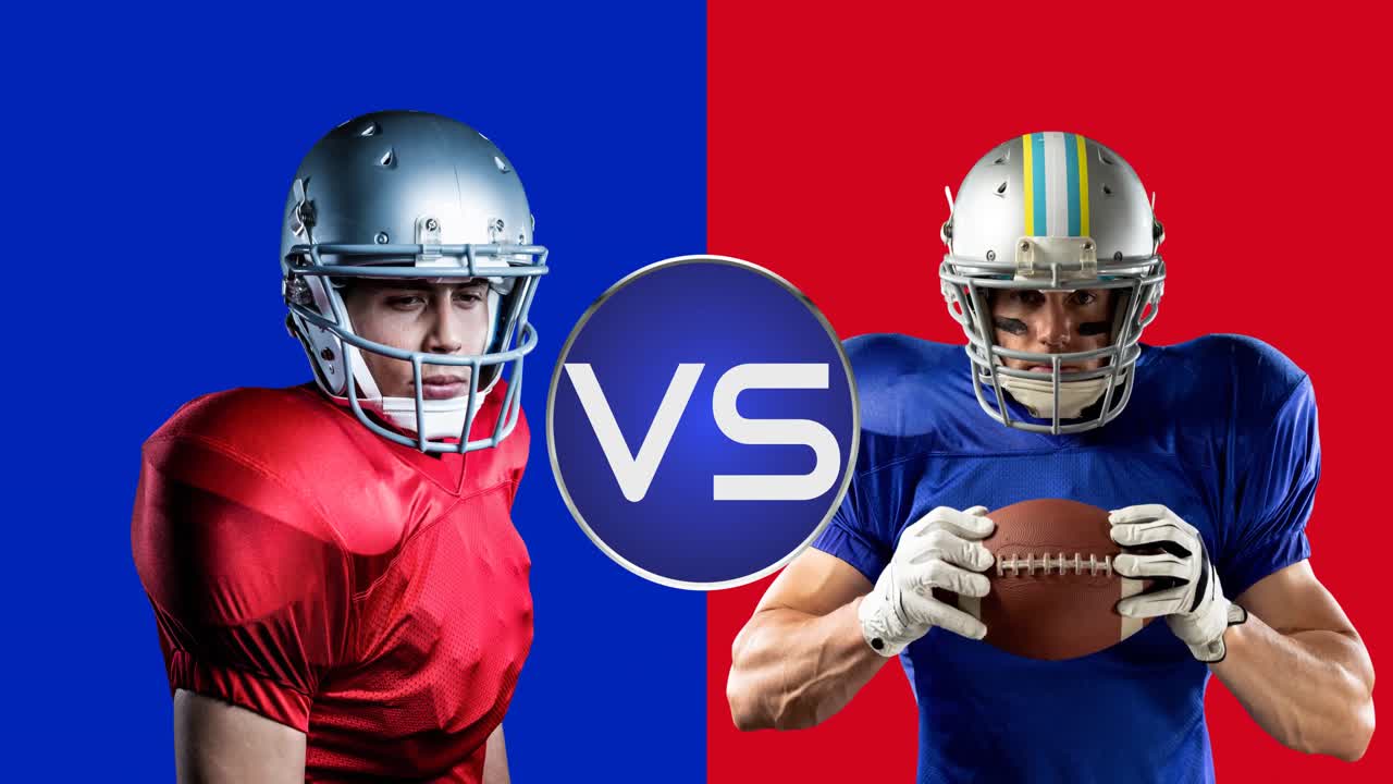 Animation of vs text in white, over male american football players from two teams, on red and blue