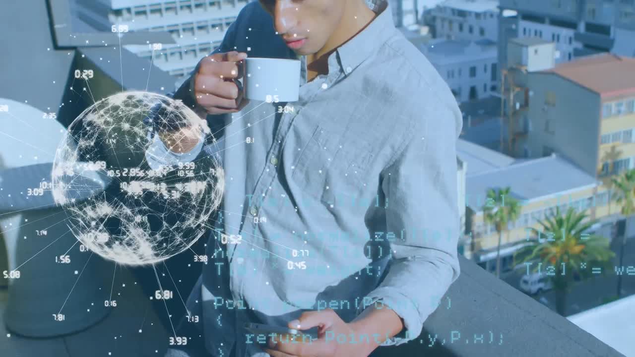스마트폰을 사용하여 인간에 대한 연결 및 데이터 처리 세계관의 애니메이션