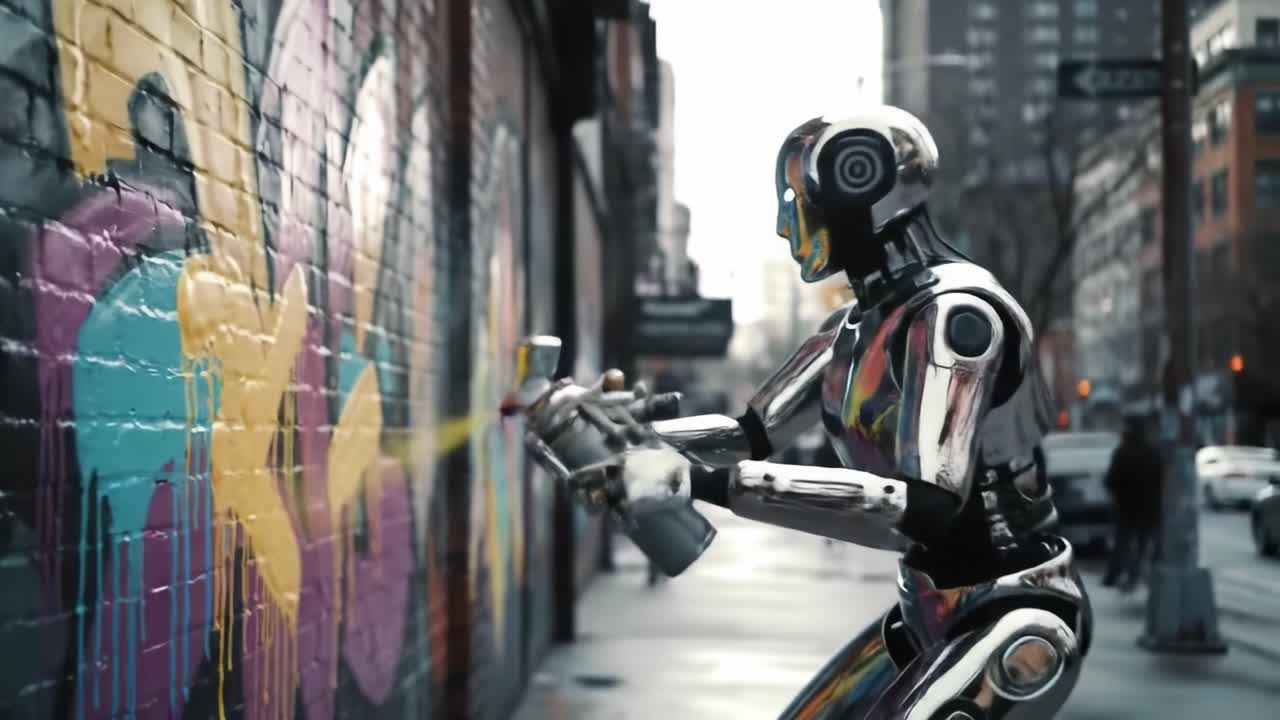 A robotic figure is seen applying colorful spray paint to a urban wall, showcasing its talent for street art. The lively city atmosphere enhances the unique blend of technology and creativity.