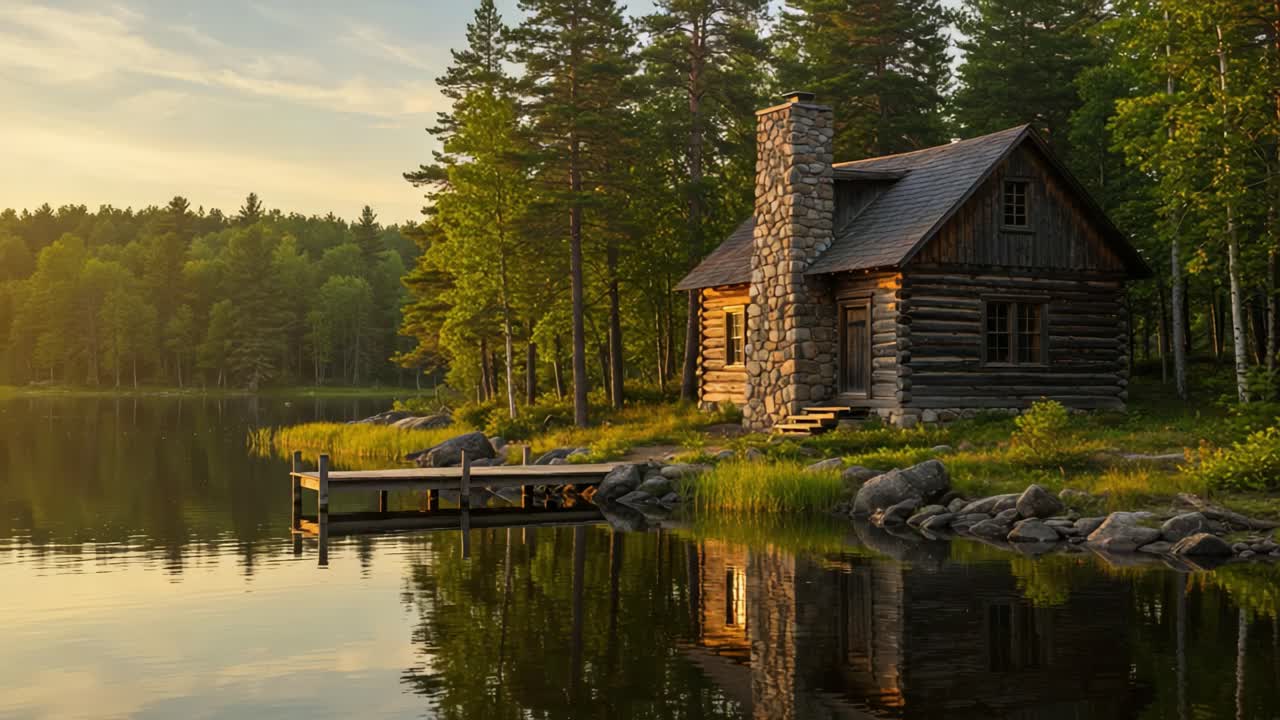Serene Log Cabin by Tranquil Lake at Sunset, Surrounded by Lush Trees and Reflecting Natural Beauty in Peaceful Wilderness Setting