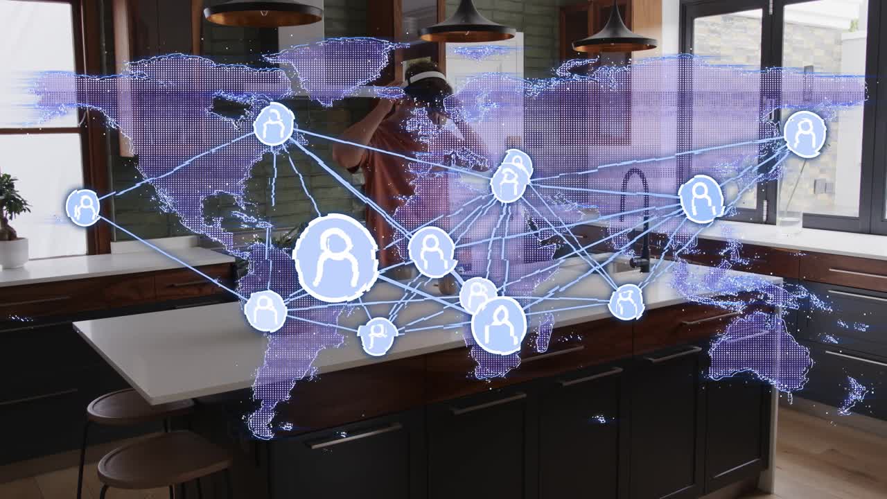 Adult male placing visor on kitchen island activating AR tech exploring global overlay shifting