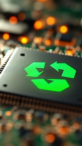 recycling's tech importance now. close-up view of a circuit board showcasing a green recycling symbol, emphasizing sustainability in modern electronics.