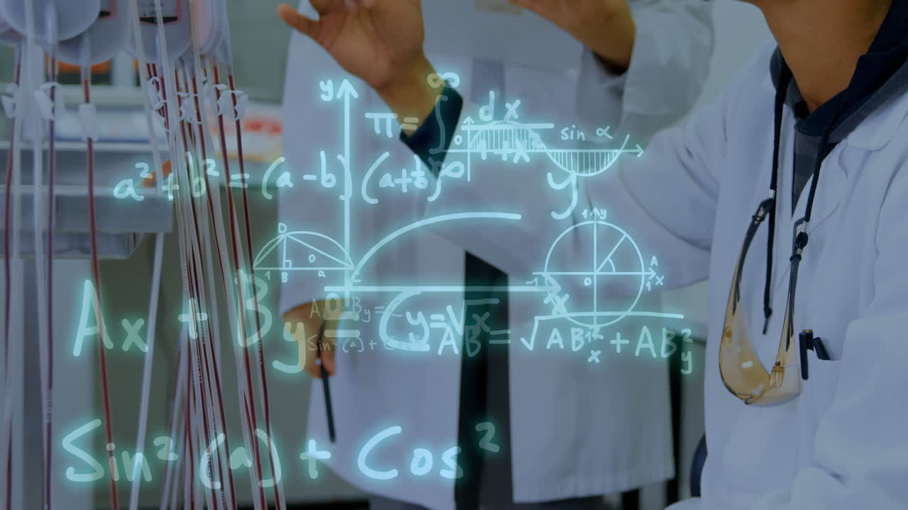 두 인종의 의사들이 일을 논의하는 수학 방정식의 애니메이션