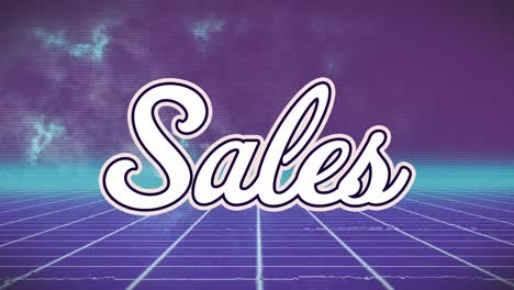 animation of sales text over sky with clouds on purple background