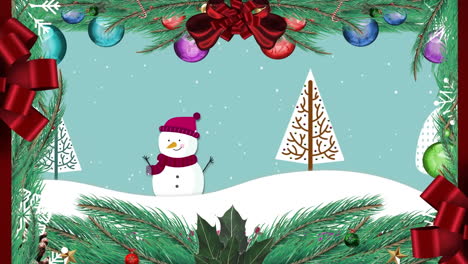 decoraciones navideñas contra la nieve que cae sobre el muñeco de nieve y los árboles en el paisaje de invierno