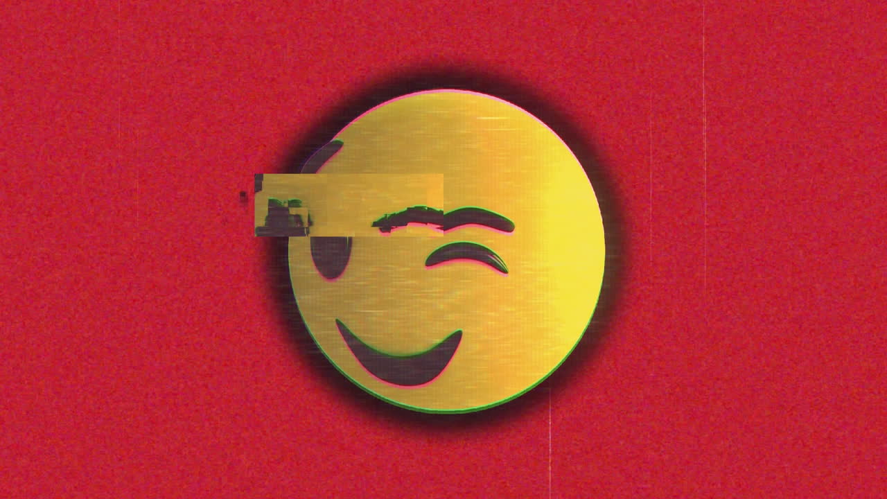 Animazione di icona emoji faccina sorridente con glitch su sfondo rosso