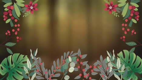 animation of foliage, berries and flowers framing copy space on blurred forest background