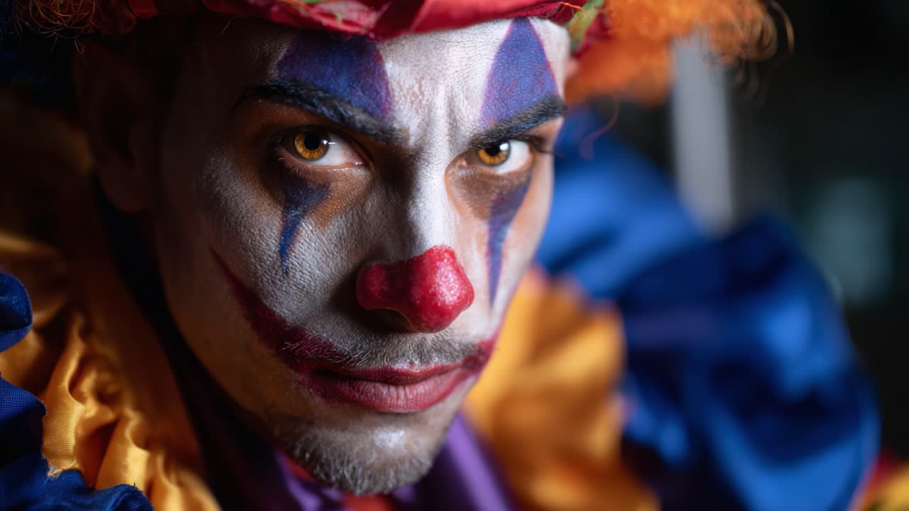 Close-up Portrait of a Colorful Clown Highlighting Intense Expression and Vibrant Makeup with Emphasized Features in Captivating Lighting