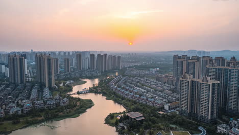 beautiful cityscape roof tops of the prestige residential apartments modern skyscrapers at the bay lake coast on sunset day family houses as example of real estate development in downtown city suburbs