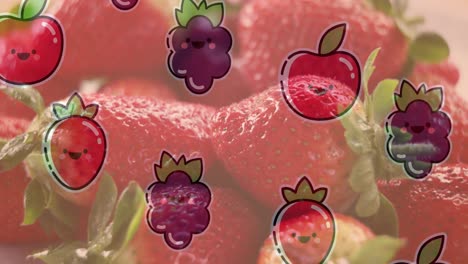 Animation-of-illustration-with-fruit-over-fresh-strawberries