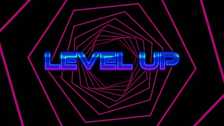 Glitch effect over level up text over pink hexagons spinning in seamless motion on black background