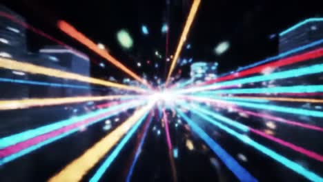 dynamic light trails and motion blur: an abstract visual journey through a colorful cityscape at night captured in two framed moments of motion