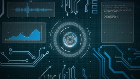 animation of network of connections, data processing and scope scanning over black background