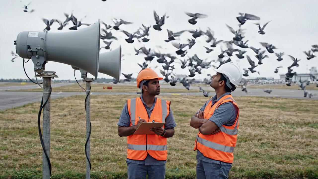 Grondpersoneel monitort vogelactiviteit nabij luchthavenlandingsbanen terwijl zwermen vogels opvliegen, om ervoor te zorgen dat veiligheidsprotocollen worden gevolgd tijdens operaties.