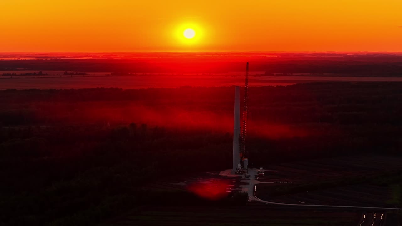 Huge construction crane is building a wind turbine tower, silhouetted against a bright orange and red sunset with mist over the landscape - stunning aerial view