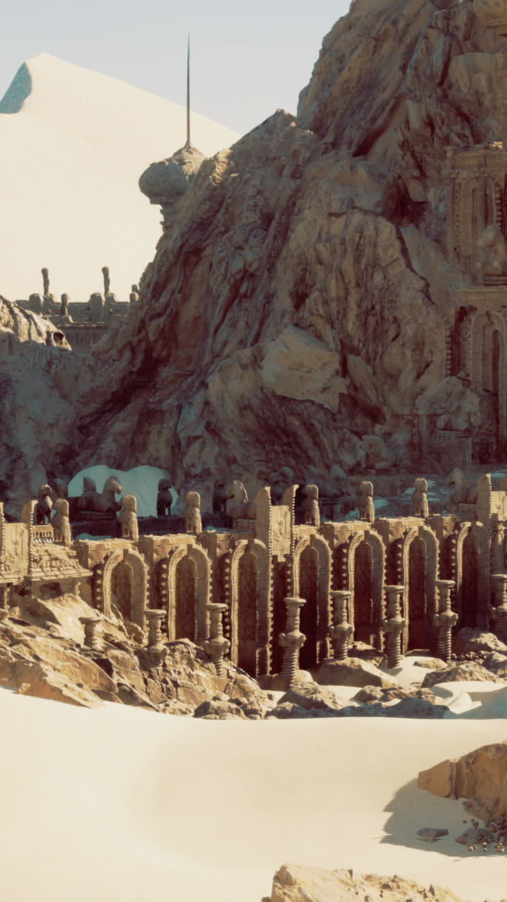 Ancient stone structures surrounded by desert sands and rocky formations
