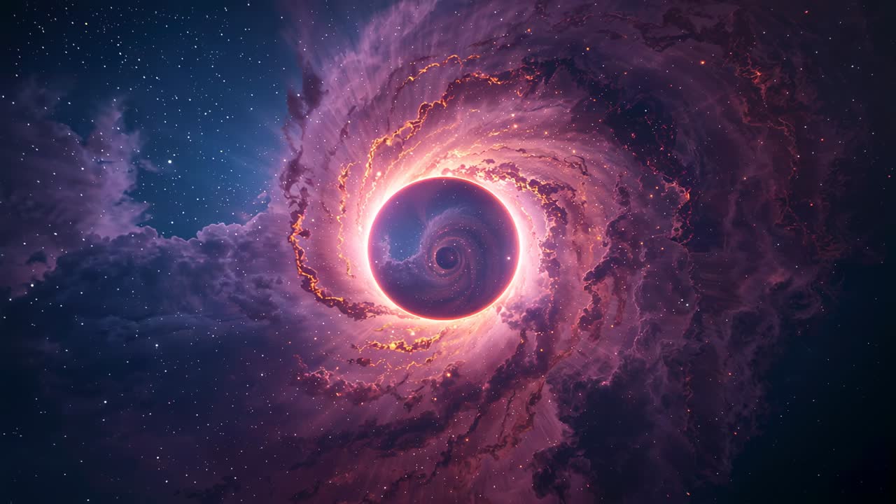 Emerging core initiating spiral rotation in space, drawing violet clouds, with golden filaments