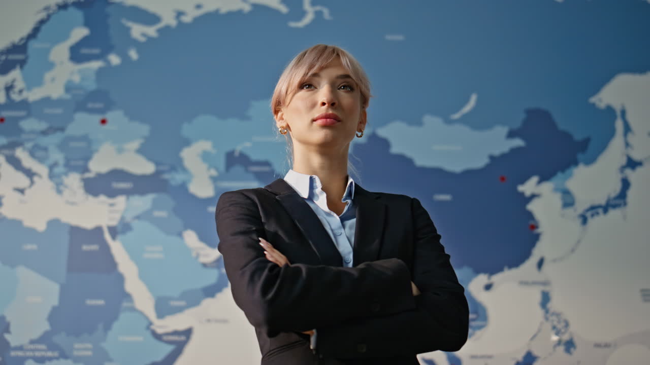 Portrait global analyst inside contemporary office building closeup. Lady posing