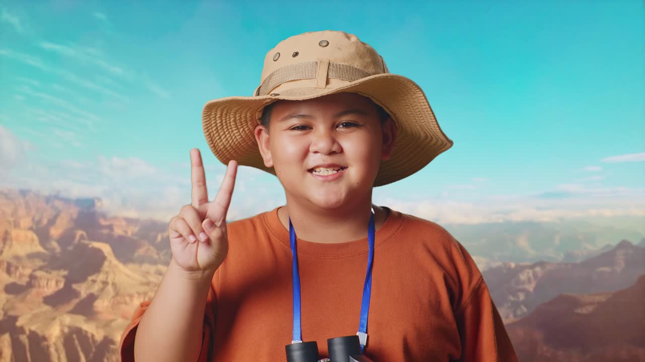 Asian Boy With A Hat And Binoculars Using The Magnifying Glass Then Showing Peace Gesture While Traveling At The Top Of Mountain. Boy Researcher Examines Something, Travel Tourism Adventure, Close Up
