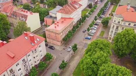 Residential-Street-with-Red-Rooftops-in-Klaipeda,-Lithuania-from-above