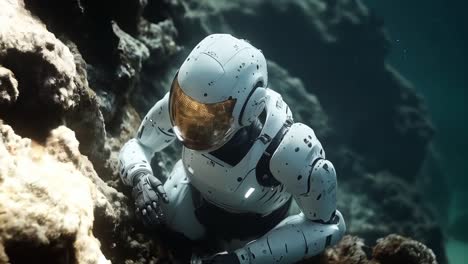 underwater astronaut exploring a coral reef