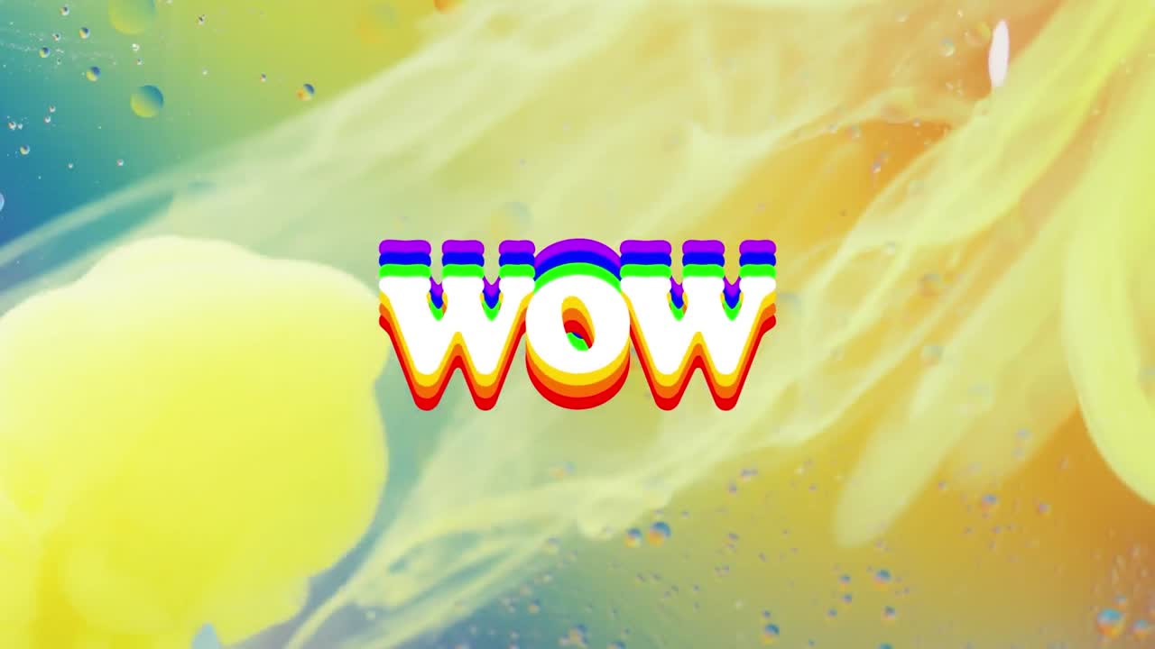 액체와 바블의 클로즈업 위에 와우 텍스트의 애니메이션