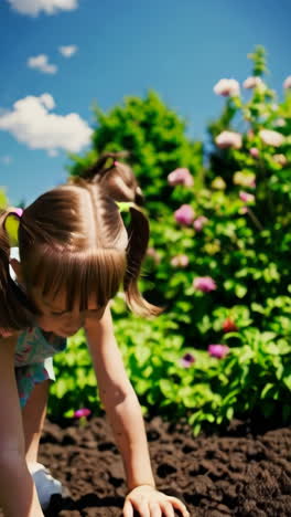 a young girl planting a small plant in the garden