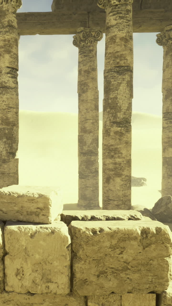 Antiche rovine si ergono maestose contro il paesaggio desertico in una foschia illuminata dal sole.