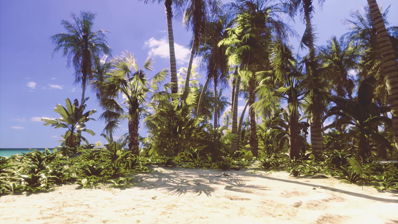 Lush tropical paradise with palm trees and sandy beach in bright sunlight