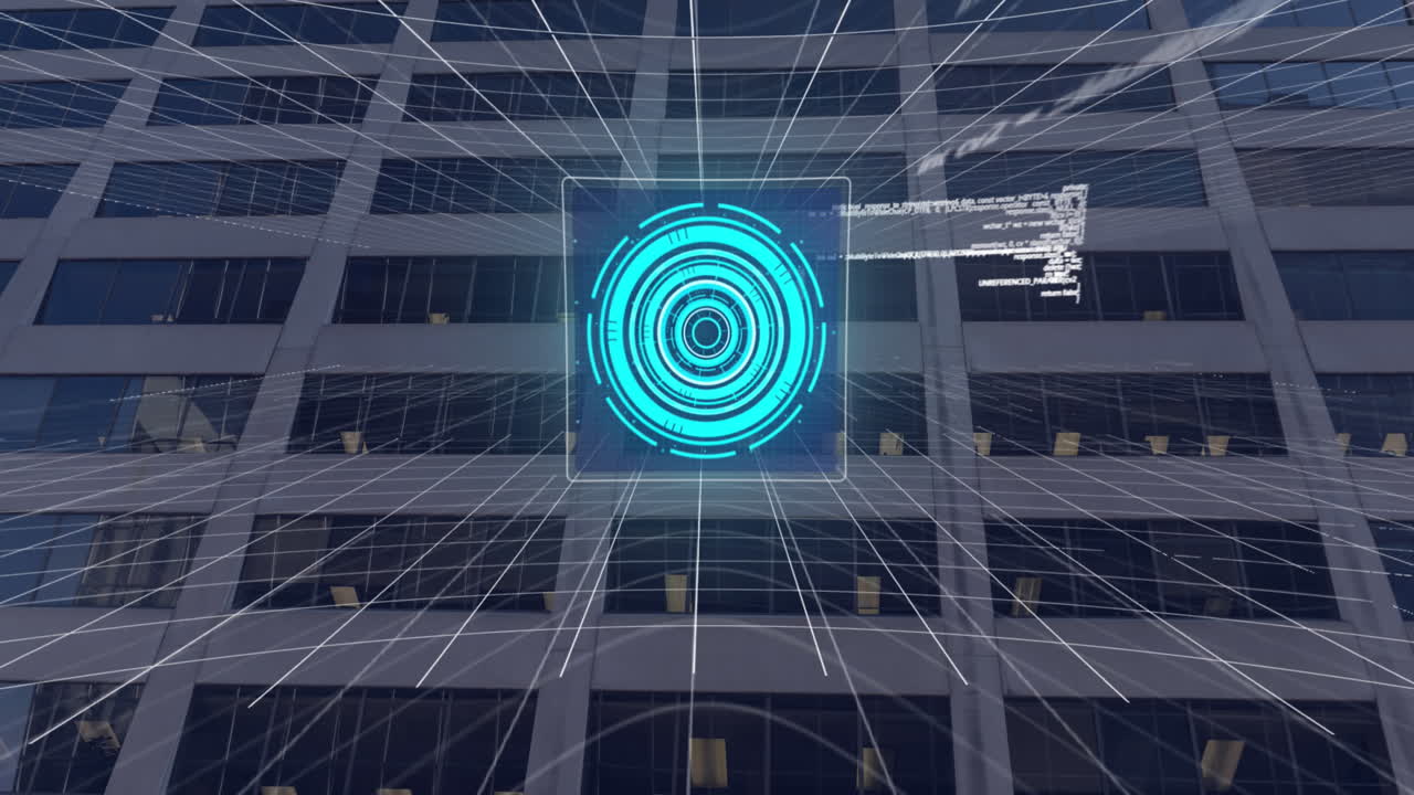 animación del procesamiento de datos y edificio de oficinas moderno