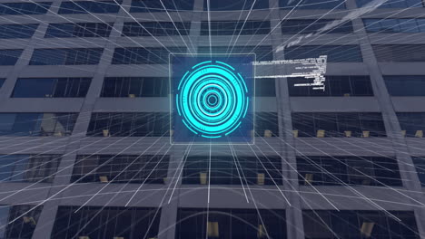animación del procesamiento de datos y edificio de oficinas moderno