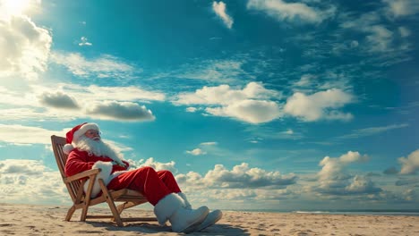 a man dressed as santa claus sitting in a chair on the beach