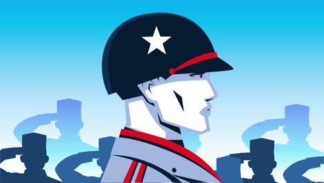 happy memorial day animation with soldier antique profile and soldiers silhouettes