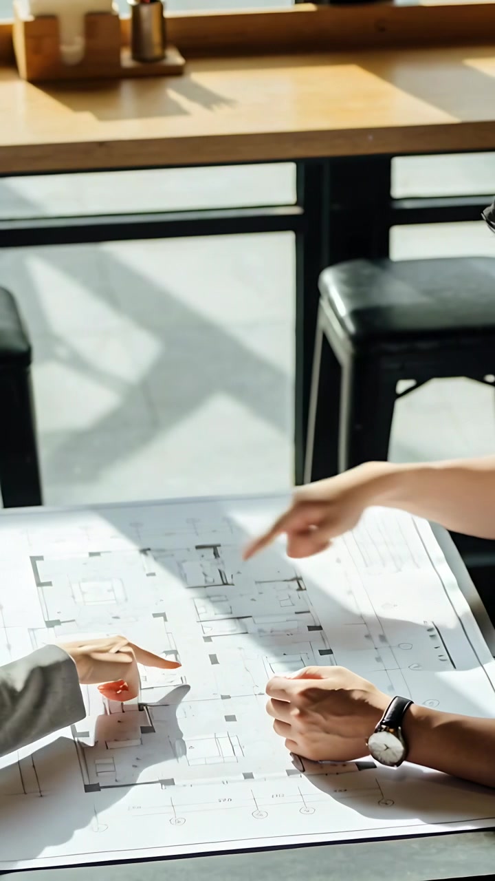 Vertical video: Unrolling blueprint pointing designer and peer confirming detail at studio table