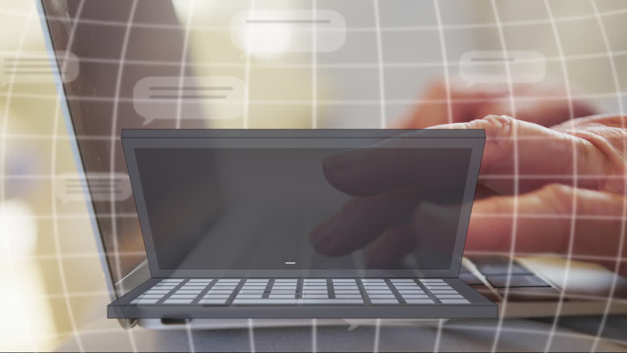 animación de procesamiento de datos sobre una mujer de negocios caucásica usando una computadora portátil