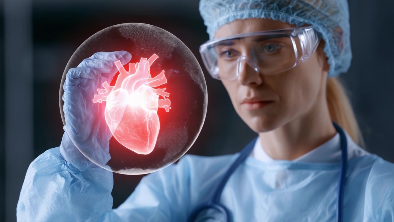 En fokuseret sundhedsprofessionel undersøger en holografisk hjertemodel, der viser banebrydende teknologi inden for medicinsk videnskab og vigtigheden af kardiovaskulær sundhed