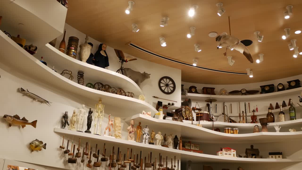 A panning shot of an intricate room with various shelves holding animal figures, jars, vases, lights, and mock fossils.