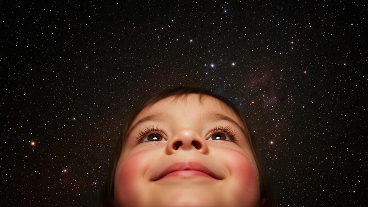 A Child's Dreamy Gaze Into the Starry Universe: Capturing the Innocence and Wonder of a Young Mind Gazing at the Limitless Cosmos Above