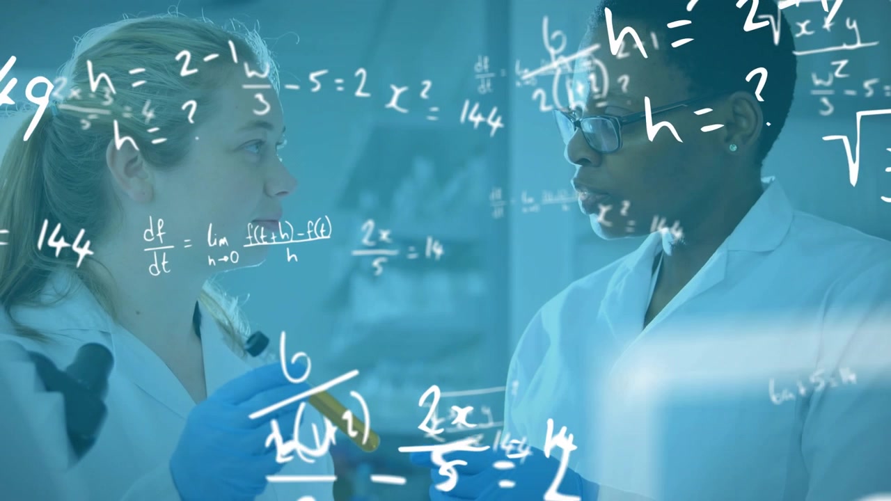 Vertical video: Lab duo presenting yellow tube and inspecting, equations floating across subjects