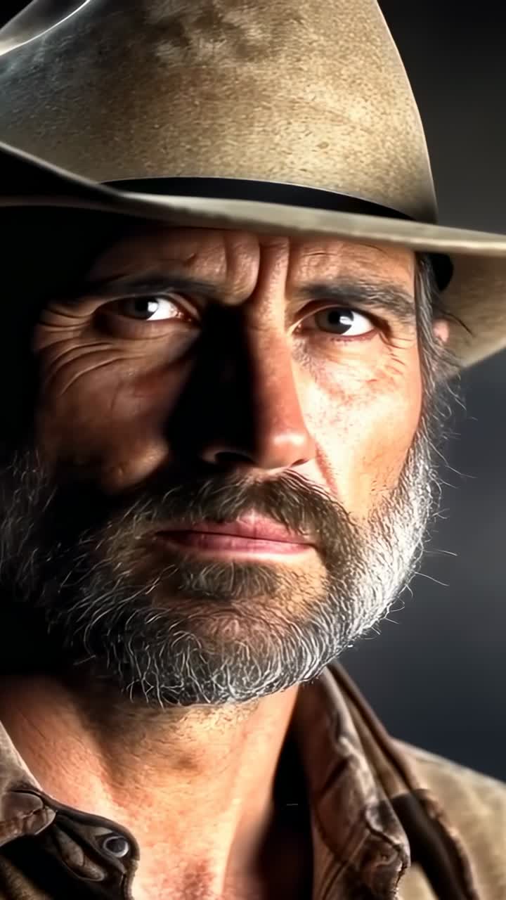 Vertical video: Responding to cue, senior cowboy pivoting head toward camera in studio, with hat