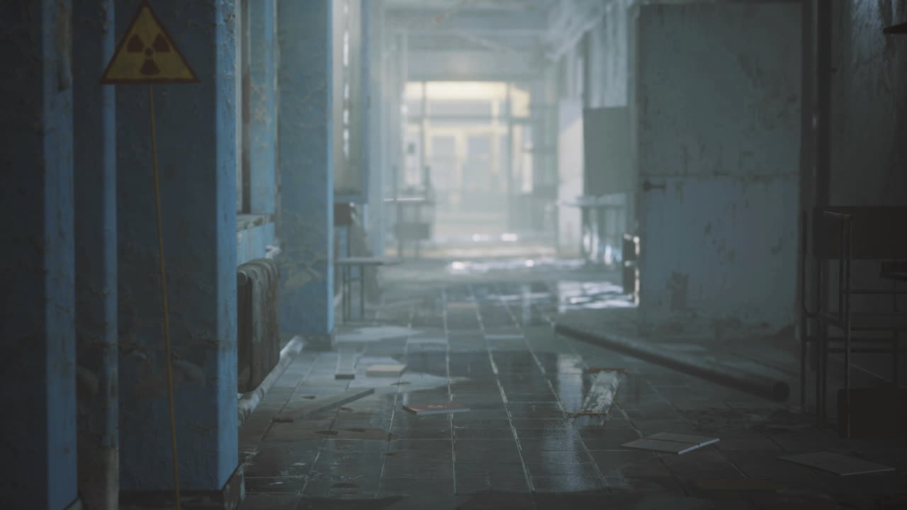 Abandoned hallway with industrial design and reflections on wet floor