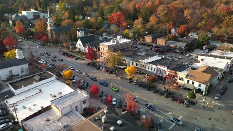 Aerial-orbit-of-downtown-Granville-with-autumn-fall-colors,-Ohio