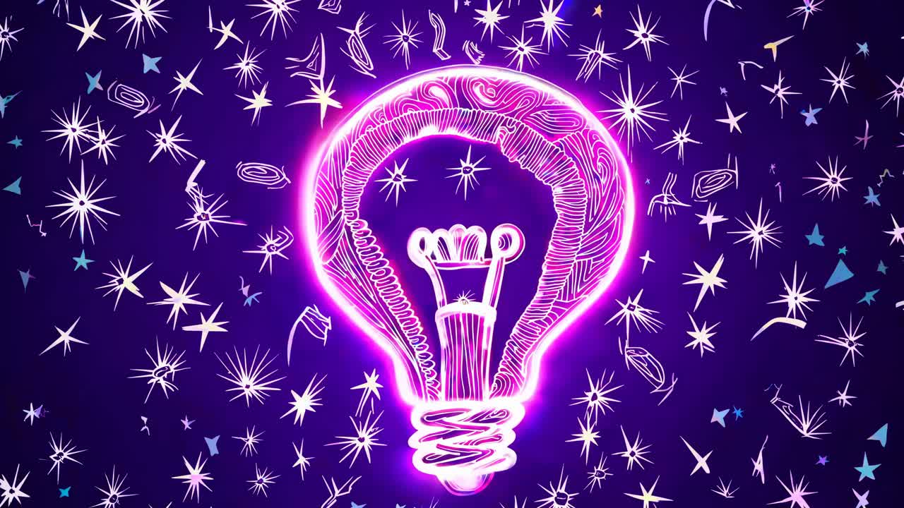 Un concetto video vibrante e astratto di una lampadina incandescente circondata da stelle.