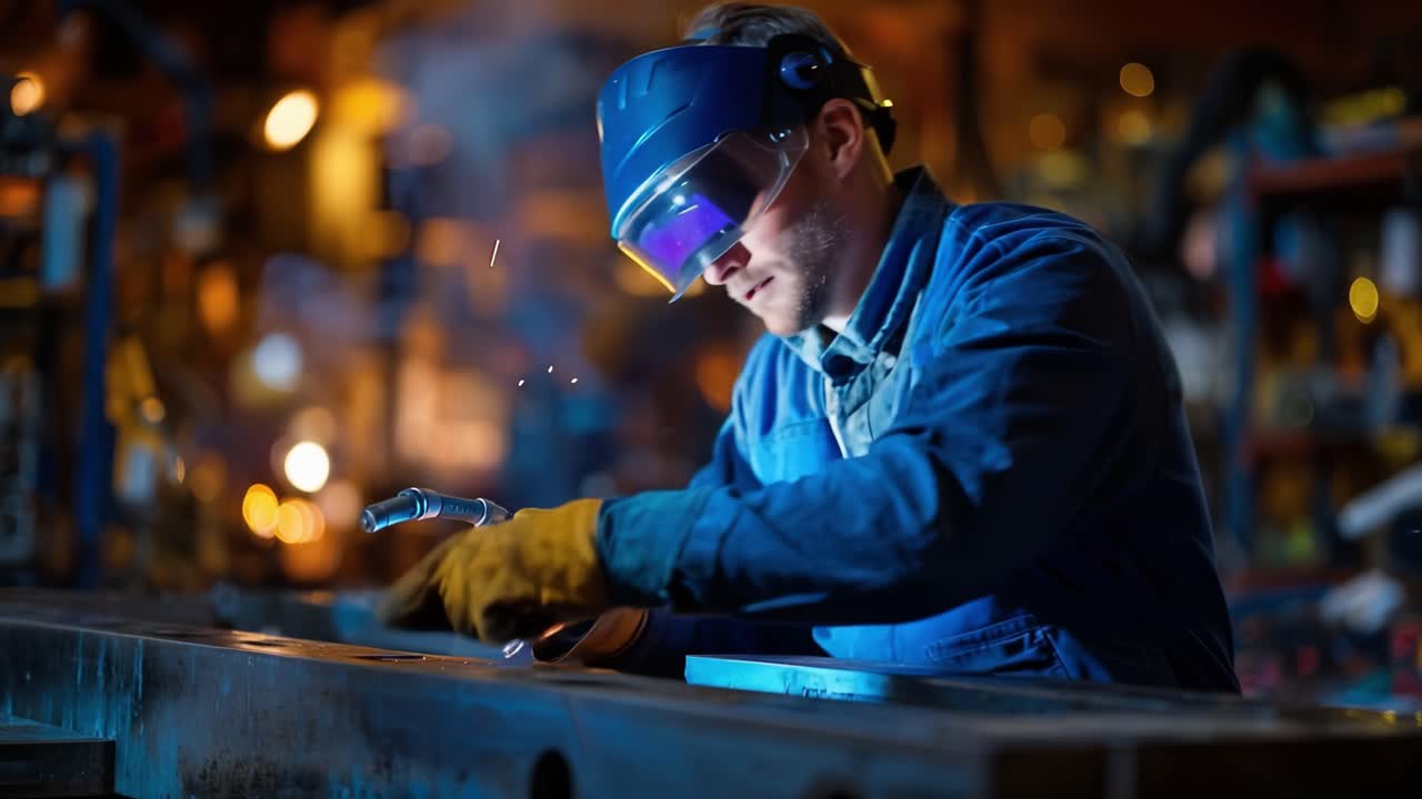 Fokusert sveiser i verneutstyr skaper lyse gnister mens han jobber flittig med metallarbeid i et godt opplyst verksted, noe som fremhever dyktighet og håndverk.