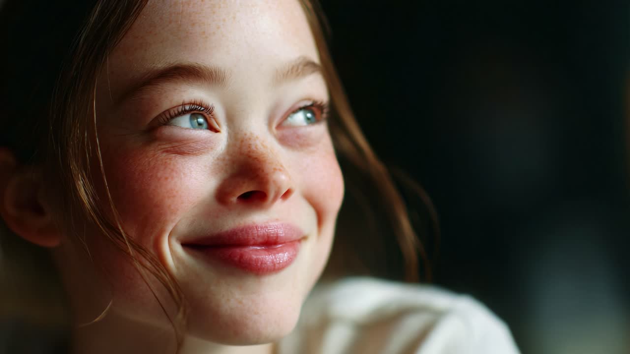 A Bright Smile: Capturing the Joyful Expression of a Young Girl in Soft Light, Showcasing Her Lively Eyes and Charming Personality, Radiating Happiness and Innocence