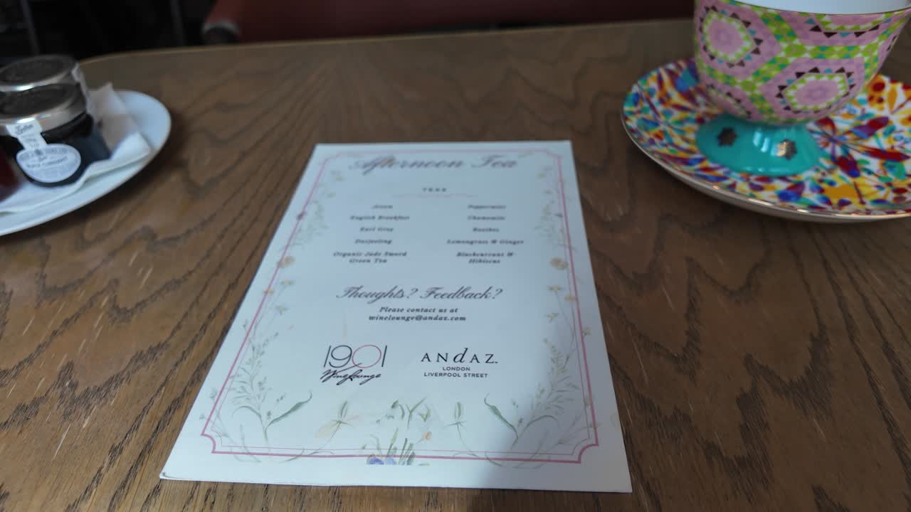 Menu at the 1901 Andaz within Liverpool Street for an Afternoon Tea, London, United Kingdom